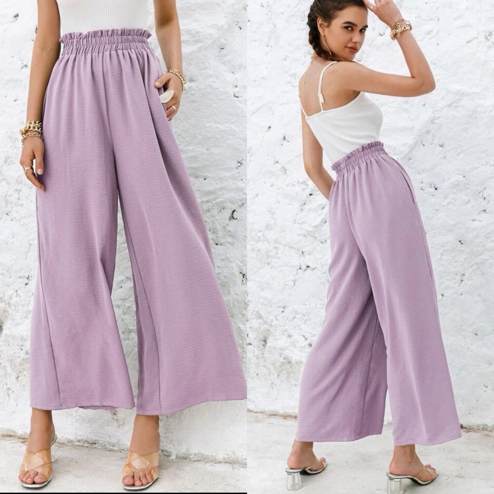High waisted flared wide leg cropped pants shirred boho khaki tan - Picture 2 of 6